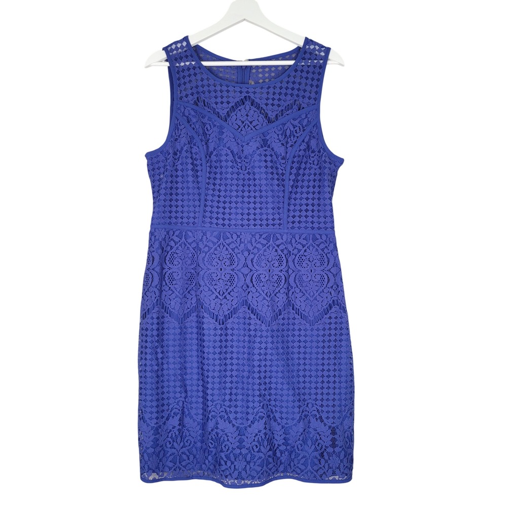 Truly Poppy Lace Cocktail Dress Women Size 12 Blue Sleeveless Sheath Round Neck